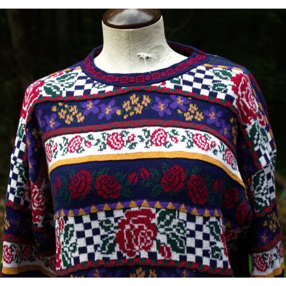 Vintage 80s Heartworks Sweater Striped Roses Checkered Long Size Medium Preppy - Picture 2 of 11